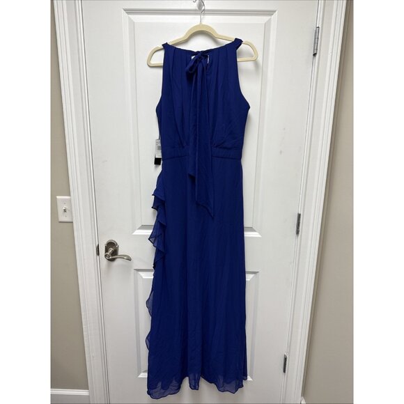 New Betsy Adam Womens Size 14 Blue Halter-Neck Ruffled Gown Maxi Cocktail Dress - Picture 7 of 12